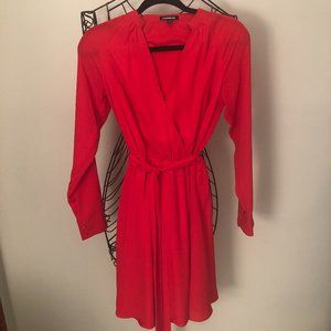 Express Red Tie Waist Surplice Dress with Button Cuffs XS